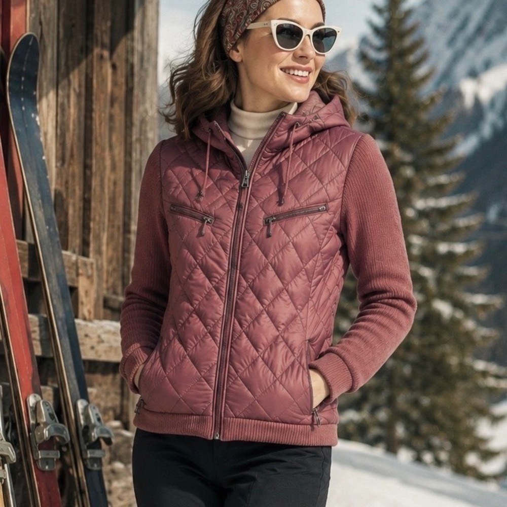 EDDIE BAUER Swiss EB550 Down Jacket M Hybrid Quilted Hooded Puffer Retro Ski